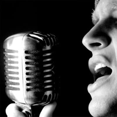 The professioal vibrato male singer sings a vibrato song with microphone.