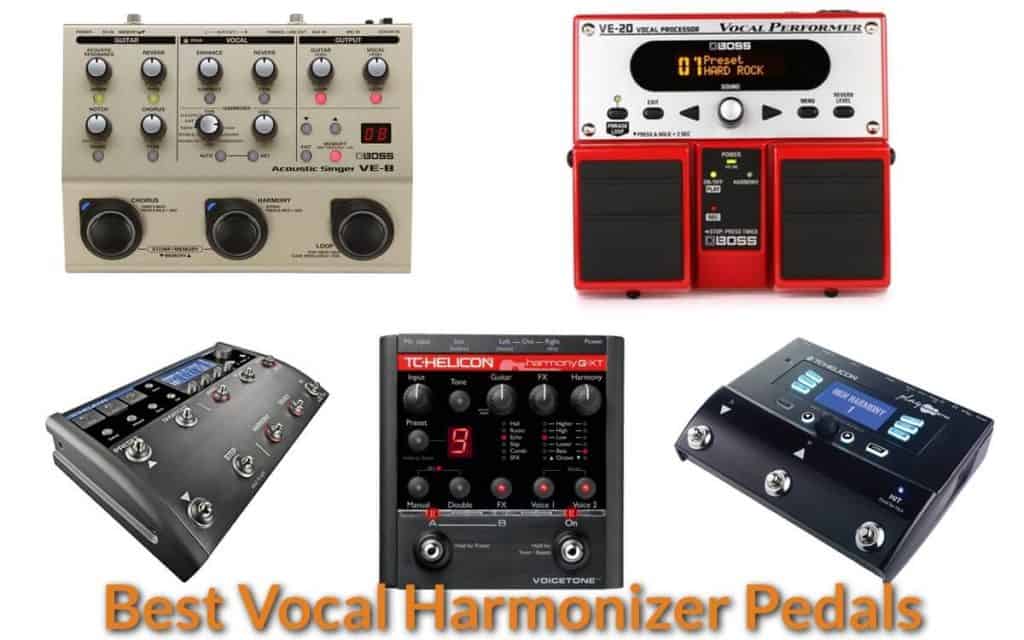 Different brands of vocal harmonizer pedals.